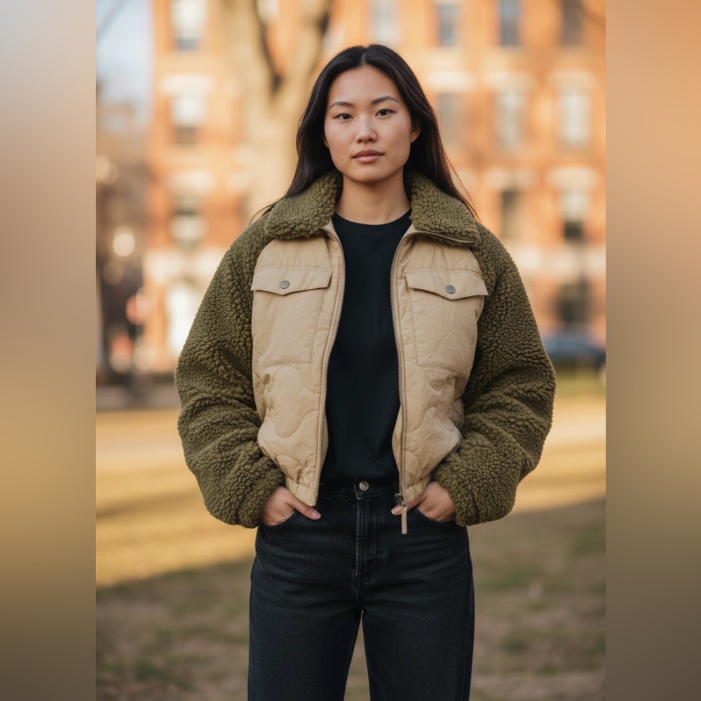 Universal Thread Quilted Tan and Green Teddy Jacket